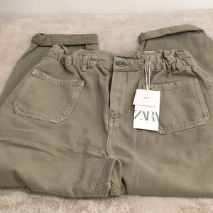 🆕 ZARA Paper Bag Denim Pants in Light Olive Green Color Elastic Waist High Rise